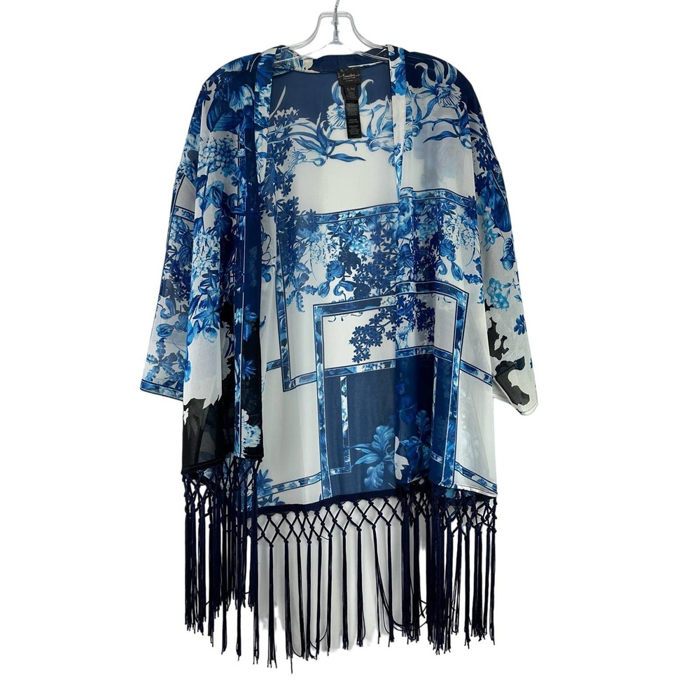 Chicos Travelers Open Front Cardigan Kimono Size 0 US‎ M Blue Floral Fringe